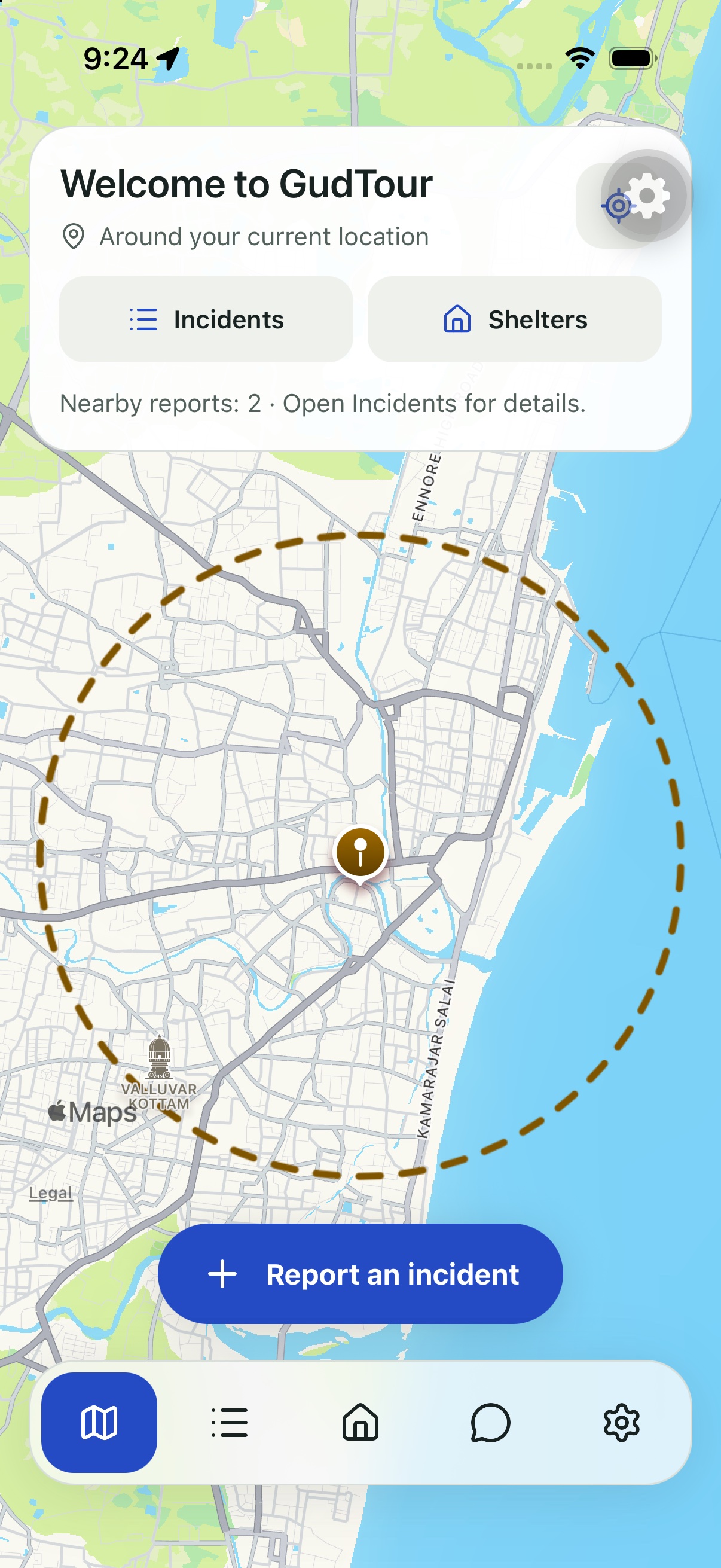 GudTour iOS development screen: a full-screen map with a nearby incident boundary, Report an incident action and floating navigation. The location and incident data are simulated.